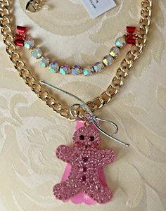 Betsey Johnson Pink Crystal Gingerbread Man Necklace Removable Pendant Ornament - Picture 1 of 8