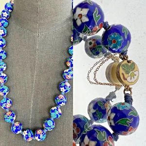 Chinese Unusual Clasp Cloisonné Floral Enamel Single Knot 14mm Beads Necklace - Picture 1 of 12