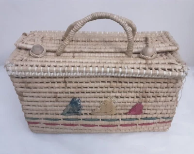 Vintage Retro Wicker Rattan Rectangular Basket Box Top Double Handle  Bag - Image 1 of 4
