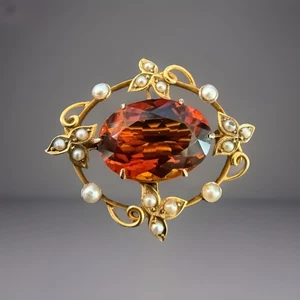 Antique Victorian Citrine & Seed Pearl 15k Brooch/Pin, 1 1/8” - Picture 1 of 7