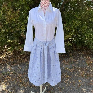 Shirtkleid Sara Roka weiß blau Langarm Blumen Ösen Frühling Gr. 44 Italy - Bild 1 von 10