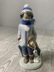 Lladro Porcelain Figurine Winter Boy With Umbrella, Dog, Scarf, Hat No Box Gloss - Picture 1 of 6