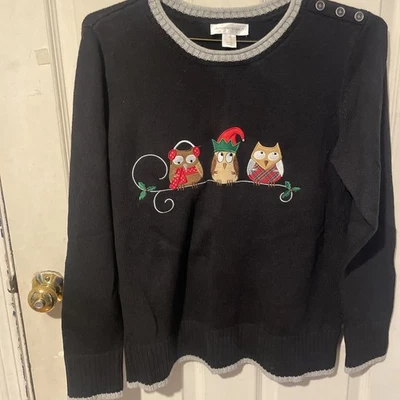 CJ  Banks Womens Christmas Owl Sweater Size Medium Black Festive Owls Holiday - Image 1 of 4