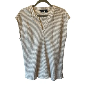 Tahari sleeveless blouse M 100% Linen Gray white Striped V-neck Womens top - Picture 1 of 6