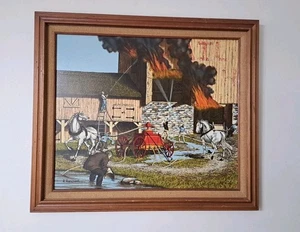Framed Large Barnfire Canvas Print By H. Hargrove  Vintage Fire Department - Picture 1 of 13
