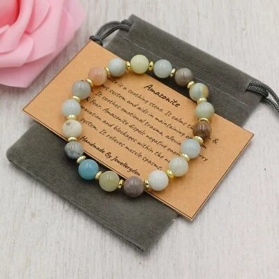 MIXED AMAZONITE Bracelet Stretch Fit Handmade + Gift Bag & Card Gemstone 6/8mm - Image 1 of 4