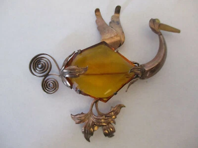 Vintage Reja Era Sterling Deco Vermeil Stork Bird Glass Jelly Belly Brooch Pin - Image 1 of 4