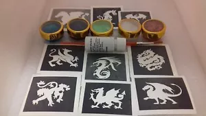Dragon themed glitter tattoo set including 30 stencils + 5 colors + glue - Picture 1 of 2