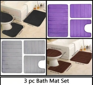 3PC Bathroom Set Stripe Rug Contour Mat Toilet Lid Cover Rectangle Bathmat - Picture 1 of 3
