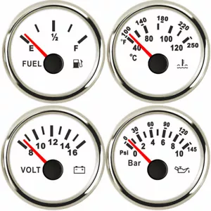 4 Gauge Set Fuel Level Gauge Oil Pressure Volt Water Temp 52mm/2inch White 9-32V - Foto 1 di 6
