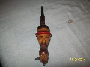 FOLK ART CARVED & PAINTED 2 HEADED SMOKING PIPE 11 1/2" TALL - Picture 1 of 8