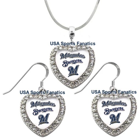 Milwaukee Brewers 925 Necklace or Earrings or Set Team Heart With Rhinestones Cover