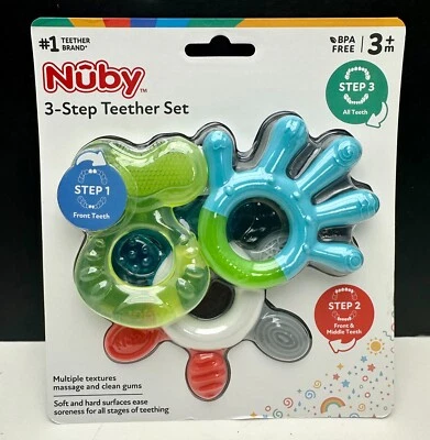 全新 Nuby 3 步牙胶套装 3+ 米 婴儿 多种纹理 步骤 1,2,3 — 第 1/2 张图片