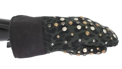 DOLCE & GABBANA Gloves Gray Wool Shearling Studded Green Leopard. 9 /M RRP $1400 - Image 1 of 4