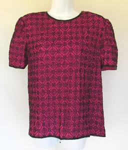 VINTAGE 1980s NIGHT VOGUE BEADED SILK TOP MAGENTA BLACK SIZE MEDIUM NEW WITH TAG - Picture 1 of 12