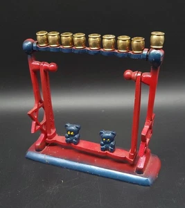 Unusual Swinging Bears Painted Brass Menorah - Red & Blue - Vintage - Used - Picture 1 of 7
