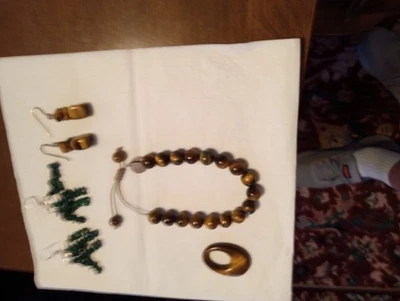 Hecho a mano ojo de tigre y turquesa, 1 pulsera, 1 colgante, 2 pares de pendientes Foto 1 de 4