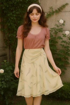 Studio M Vintage Silk Fern Print Midi Skirt Ruched Waist Detail — Size SP Petite - Image 1 of 4