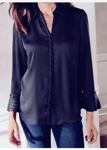 Soft Surroundings Top Women Large Sonnet Blouse Navy Button Tier Bell SLV NWT - Picture 1 of 19