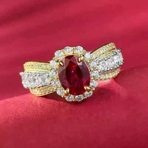 2Ct Oval Cut Lab-Created Red Ruby Halo Engagement Ring 14K Two-Tone Gold Plated - Picture 1 of 8