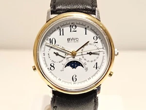 VINTAGE TWO TONE TRIPLE CALENDAR MOON PHASE SWISS MEN'S QUARTZ WATCH "BWC " - Picture 1 of 10