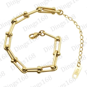 Real 18K Yellow Gold Filled Hypoallergenic Bead U-Link Statement Chain Bracelet - Picture 1 of 2
