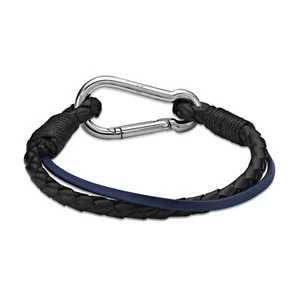 Dual Stand Blue and Black Leather Bracelet with Carabiner Clip Lock - 8.5 Inch - Picture 1 of 6
