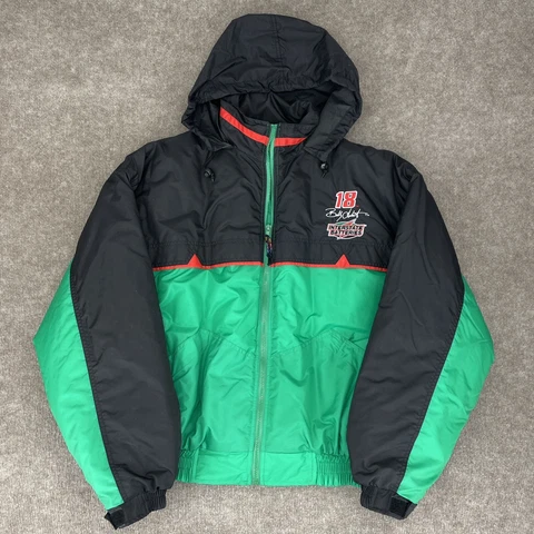 Vintage 90s Nascar Bobby Labonte Pullover Jacket Nylon Puffer 1/2 Zip Coat Hood Cover