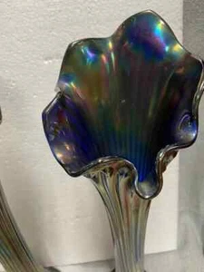 Nice Antique Fenton Carnival Cobalt Glass Vase Spearhead Rib Pattern 17" - Picture 1 of 5