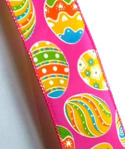 Easter 2.5" by 2 yards Pink Wired Ribbon Glittered Patterned Large Eggs Designer - Picture 1 of 15