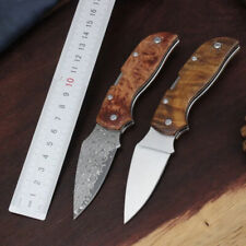 Spear Point Folding Knife Pocket Hunting Survival Camp Damascus/D2 Steel Wood 2"