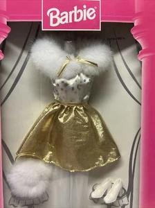 Barbie Fashion Avenue Party Gold Weiß Kleid Kunstfell Zubehör 1998 Mattel - Bild 1 von 10