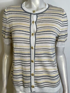 St. John Pullover elfenbein schwarz gelb gestreift SS Marke S Knopfleiste - Bild 1 von 10
