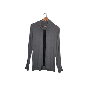 Anthropologie Small S Mystree Gray Thermal Waffle Knit Velvet Stripe Cowl Top - Picture 1 of 4
