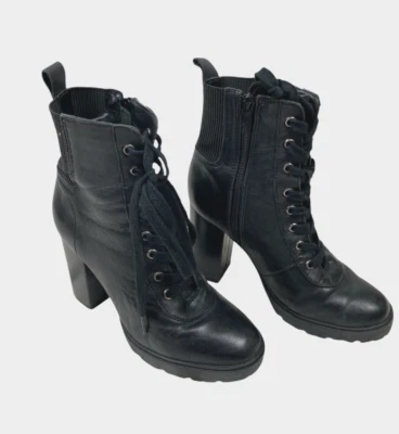 Steve Madden Womens 7M Black Leather Lace Up Boots High Heel Chunky Platform Zip - Image 1 of 4