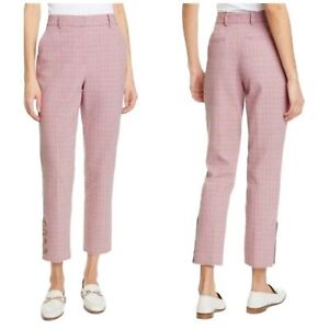 NWT Rebecca Taylor Textured Pink Rose Plaid Cropped Button Cuff Pants Women’s 4