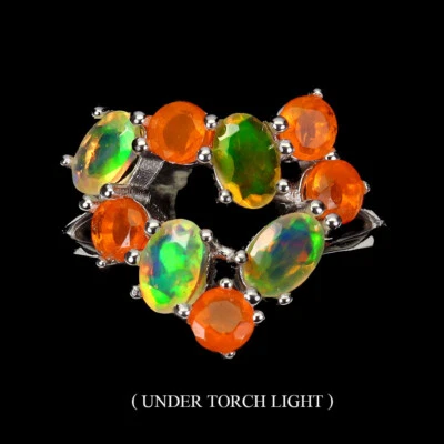 925 Anello Argento Sterling Ovale Opale di Fuoco 6x4mm Arancione Gemma Gioielli - Immagine 1 di 4