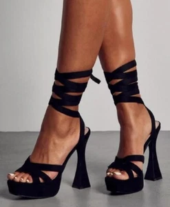 SANDALIAS MUJER NEGRAS PUNTA ABIERTA TACÓN ALTO PLATAFORMA TIRAS CORDONES TALLAS 3-8 - Imagen 1 de 3