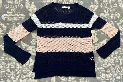 NUEVO CON ETIQUETAS ESTILO RD Rosa Azul Marino Blanco Rayas Ligero Suéter Tejido Transparente Abierto Top XL Foto 1 de 4