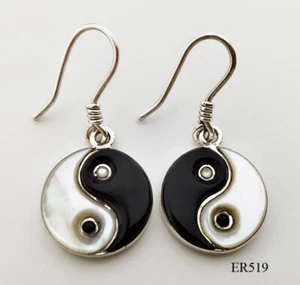 Cute Black Onyx and White Mother of Pearl Inlay .925 Silver Yin Yang Earrings - Picture 1 of 5