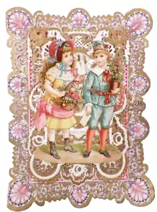 Valentinskarte Grüße Junge Mädchen Rosen gestanzt orig Umschlag SWAK Antik #24 - Bild 1 von 9