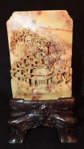 Vintage chinesische geschnitzte Speckstein Tempel Tafel Bergszene China - Bild 1 von 10