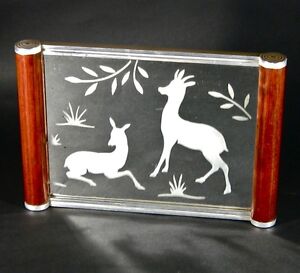 Vintage French Art Deco Mirror Tray with Roe Deer and Doe 