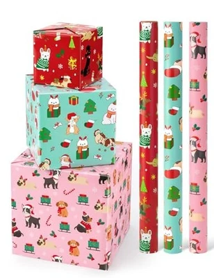  Рулоны рождественской оберточной бумаги для собаки — 3 рулона 17 x 120 дюймов для щенка рождественского щенка - Изображение 1 из 4