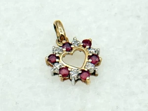 Vintage Ruby & Diamond Heart Pendant Set in 14k Yellow Gold - Picture 1 of 3