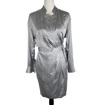 Vestido envolvente Banana Republic para mujer talla 2 gris brillante seda lazo cintura manga larga Foto 1 de 4