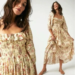 Vestido midi estampado Free People Ethereal Oasis marfil grande bohemio cabaña - Imagen 1 de 14