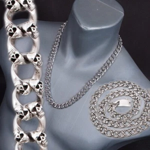 skull curb cuban miami link chain 925 sterling silver mens necklace pre 18-32" - Picture 1 of 14