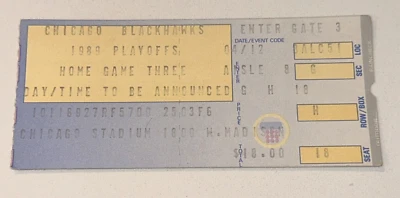 Blackhawks NHL Playoffs Boleto Talón Cubierta Wayne Presley Sombrero Truco 13/04/1989 Foto 1 de 2