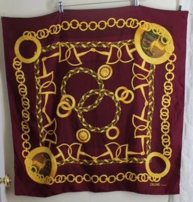 como está Celine Designer France Exquisito 34" Cuadrado Bufanda Envoltura Dorado Granate Rojo Foto 1 de 4